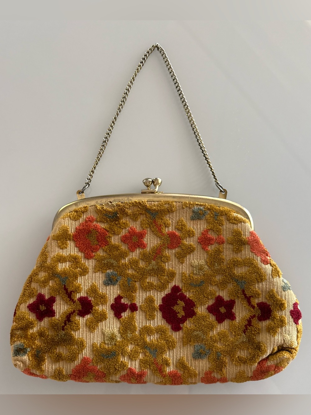 1960s VTG Floral Tapestry Convertible Handbag W/ Gold-toned Metal Chain Strap